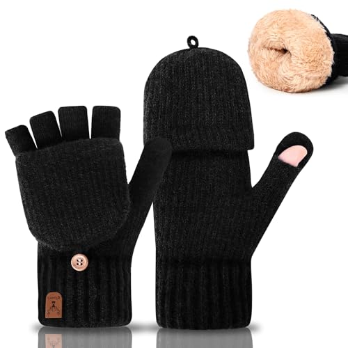 Gucass Fingerlose Handschuhe mit Kappe, Winter Flip Handschuhe für Damen Herren, Warm Strick Halbfingerhandschuhe mit Alpakawolle, Touchscreen Winterhandschuhe für Laufen...