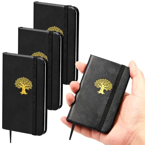 Image of Qeeenar 4 Pcs Black Mini Leather Pocket Notebook 4 x 2.5 Inch Gold Tree of Life Small Hardcover Journal 50 Sheets Mini Notepad Tiny Lined Note Book for Travel Office Home School Writing Supply