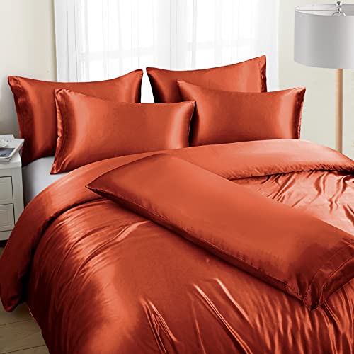 Image of Ersmak 6 Pieces Satin Duvet Cover King Size Luxury Silky Bedding Duvet Cover Set with 1 Soft Duvet Cover, 4 King Pillowcases and 1 Body Pillowcase, Rust Orange