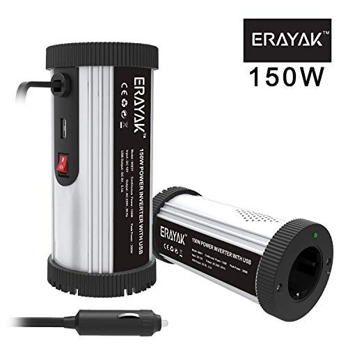 ERAYAK Inversor de Corriente 150W(Pico 300W), Convertidor, Transformador12v 220v con Puerto USB con 2 AC Tomas y Encendedor Convertidor Onda Sinusoidal para Automóviles