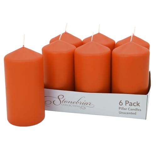 Image of Stonebriar Unscented Pillar Candles - 65 Hour Burn Time, Long-Lasting Wax Candles for Weddings, Holidays, Home Decor & Special Events, Pack of 6, Orange, 3 inch x 6 inch