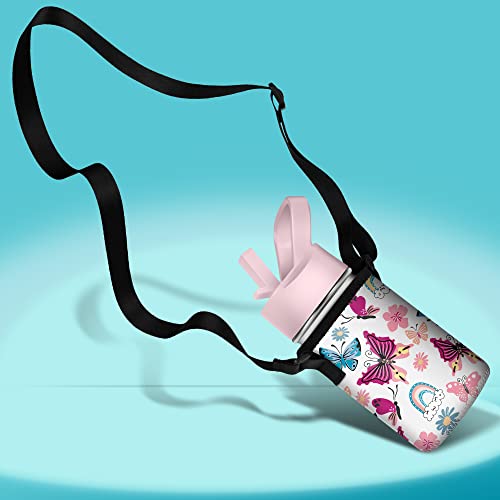 Kids Water Bottle For School, 14Oz Boys Girls Insulated Water Bottle With Strap Sleeve, Butterfly Stainless Steel Tumbler Cups With Straw Lid, Toddler Water Bottle With 20 Name Stickers #TOP4