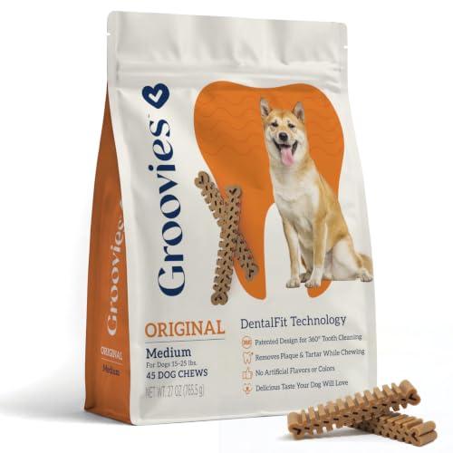 Groovies Dog Dental Treats Flexible Yet Effective Patented DentalFit Technology to Help Control Tartar & Freshen Breath Medium Dog Chews (15-25 lbs) USA Manufactured Oral Care 45 Count