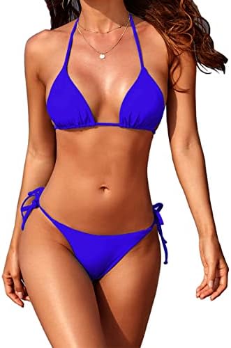 Tainehs Women's Sexy Halter Thong Bikini Tie Two Sides Bottom Triangle Bikini Swimsuits Blue