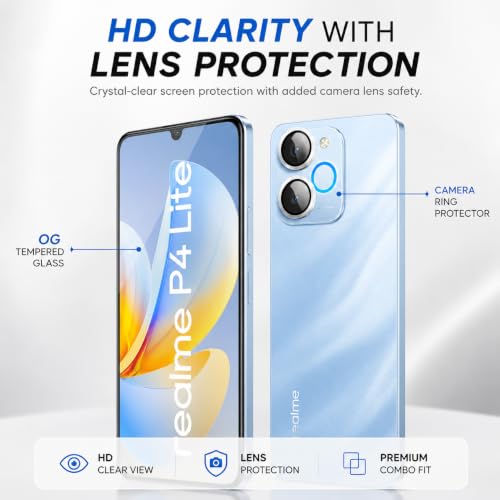 Image of FIRST MART Tempered Glass for Realme P4 Lite 5G with Silver Camera Ring Guard & Installation Kit | HD Clear Edge-to-Edge Screen Protector, Scratch Resistant, Case-Friendly | Pack of 1