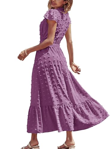 Image of CzzzyL Women Nursing Boho Maxi Dresses Cap Short Sleeve V Neck Swiss Dot High Waisted A-Line Ruffle Tiered with Pockets