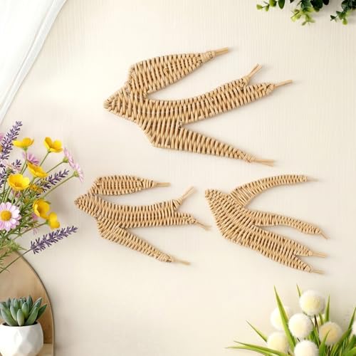 Threehoney 3 Pcs Boho Rattan Bird Wall Decor Set Handmade