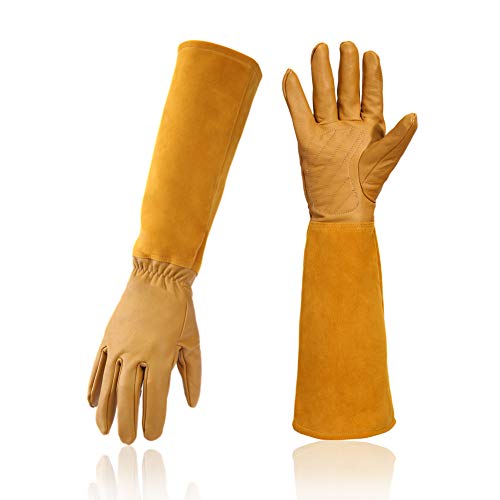 USAMYNA HANXIUCAO Leather Rose Gardening Gloves Women Extended Long Pro Rose Pruning Garden Gloves (sheepskin brown)