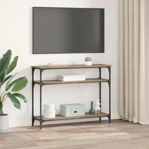 Mesa consola de madera con marco de metal y dos estantes de salón 5