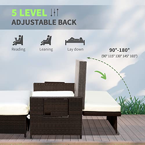 Outsunny Rattan Garden Daybed, Assembled Double Sun Lounger with 5-Level Adjustable Back, Storage Ottoman, Cushions, Pillows and Retractable Trays, Outdoor Loveseat Sofa Bed for Patio, Brown 4 Outsunny Rattan Garden Daybed, Assembled Double Sun Lounger with 5-Level Adjustable Back, Storage Ottoman, Cushions, Pillows and Retractable Trays, Outdoor Loveseat Sofa Bed for Patio, Brown - Image 4