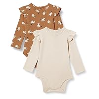 Amazon Essentials Baby Girls' Long-Sleeved Ruffle Bodysuits, Pack of 2, Pale Peach/Lion and Pony, 6-9 Months