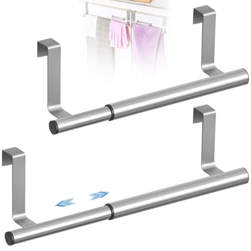 2Pcs Porte Serviettes Extensible Acier Inoxydable avec Bande Anti-Rayures, Accroche Torchon Cuisine Suspendue Télescopique, Barres Torchons Argent Perçage...