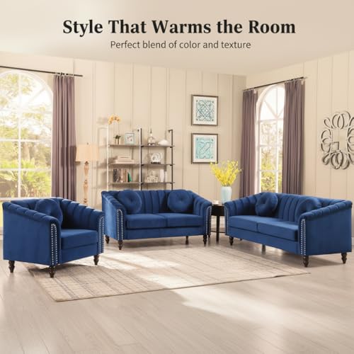 Image of Sofa and Loveseat Set, Microfiber Living Room Set with Wood Legs, 3 Piece Living Room Furniture, Modern 3-Seater Sofa + 2-Seater Loveseat + Accent Chair Sets, for Home Office, Blue