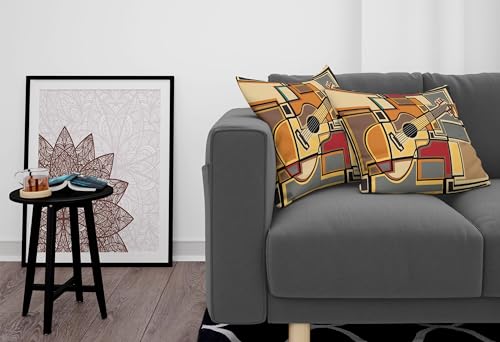 Ambesonne Music Pillow Cushion Cover Pack of 2, Funky Fractal Geometric Square Shaped Background Acoustic Guitar Art, Rectangle Decor Accent Pillow Case, 2 Pcs-36" x 16", Pale Yellow