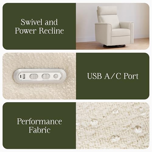 Image of Namesake Willa Plus Power Recliner Glider, Performance Ivory Boucle | GREENGUARD Certified Recliner w / 270 Swivel - Built-in USB Charging Port w / Adjustable Headrest - Water & Stain Resistant