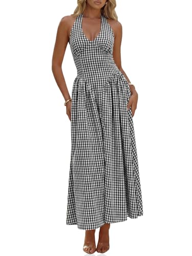 Wenrine Womens Halter V Neck Corset Maxi Dresses Summer Plaid Smocked Tie Back Backless Wedding Guest Drop Waist Dress Black