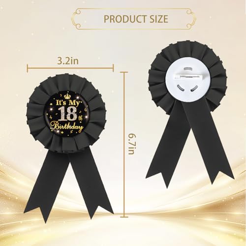 It's My 18th Birthday Tinplate Badge Pin, Gold Diamond Happy 18th Birthday Button Pin, Eighteen Birthday Black Rosette Award Ribbon Pin for Girl, Brooch Buttons for 18 Years Old Birthday Party Decoration3