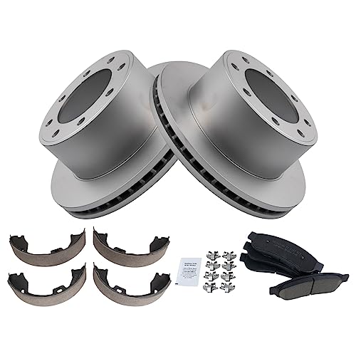Image of TRQ Rear Brake Pad & Rotor Kit Parking Brake Shoe Set Ceramic Premium G-Coated Compatible with 2011-2012 Ford F-250 Super Duty F-350 Super Duty