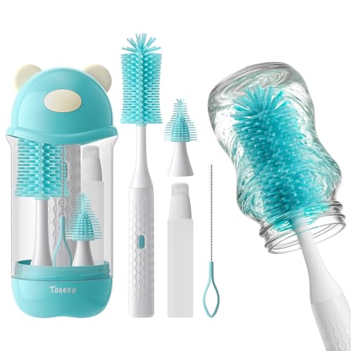 Image of Electric Bottle Brush Cleaner Set, Bear-Shaped Travel Baby Bottle Cleaner Kit with Silicone Nipple & Straw Brush, Soap Dispenser, Drainage Rack, Storage Box(Blue)