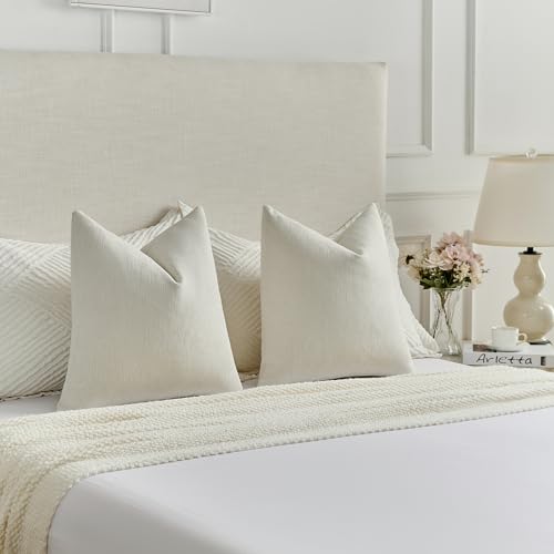FUTEI Cream Chenille Decorative Throw Pillow Covers 22x22 Inch Set of 2,Soft Cozy Faux Linen Textured Cushion Case,Farmhouse Home Decor for Couch Living Room