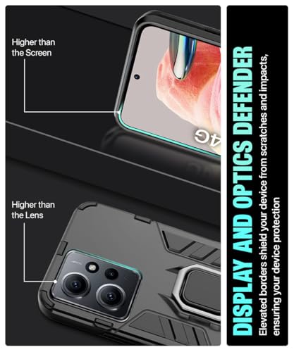 Image of WOW IMAGINE Shock Proof Back Case Mobile Cover for Xiaomi Redmi Note 12 4G | Back Cover Case (Tough Armor | Hybrid PC + TPU | Ring Holder & in-Built Kickstand | Black)