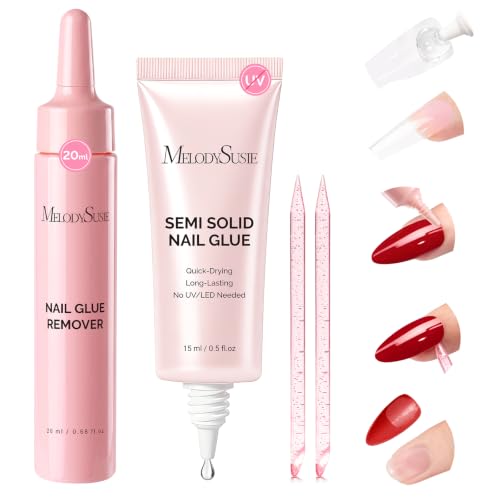 Image of MelodySusie 15ml Super Strong Nail Glue with 20ml Nail Glue Remover, Quick Dry Semi Solid Glue No UV Lamp Needed and Non-Acetone Gentle Remover Kit, Perfect for Press On Nails Application and Removal