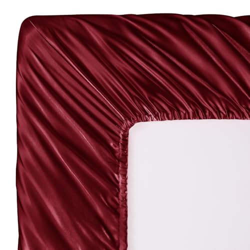 Image of SiinvdaBZX 3-Piece Set Satin Full Fitted Sheet & 2 Pillowcase, Burgundy Silky Soft Fitted Bottom Sheet, Wrinkle Free, Fade Resistant, Deep Pocket Bed Sheet (Deep Up to 15 inch)