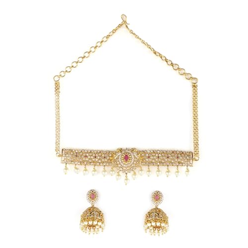 Image of Rubans 22KT Gold Plated Trendy AAA Cubic Zirconia Stone Studded Traditional Choker Necklace Set with Pearl Hangings for Women and Girls, Perfect for Festive & Wedding Occasions