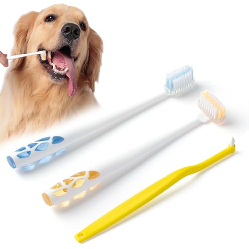 E.M&S.T by Emmeliestella Dog Toothbrush for Large Dogs, Pet Dental Care, Reduce Pets Teeth Plaque, Soft Bristles, 360 Rotating Brush Head, Removing Bad Breath Tartar, 3PCS (Blue&Yellow)