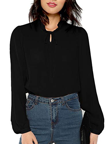 Romwe Women s Solid Print Elegant Bow Tie Neck Long Sleeve Work Office Blouse Top Black Sheer L