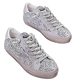 COSKING Women’s Glitter Sneakers Low Top Lace up Fashion Star Patch Flat Shoes (Silver, 8)