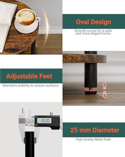 Image of Round Small End Table - 3 Tier Oval Accent Table for Small Spaces, Rustic Wood and Metal Couch Side Table, Nightstand for Bedroom or End Table Living Room, Easy to Assemble, Rustic Brown | For small spaces, with 3 open shelves, rustic wood finish, metal legs, and adjustable feet.