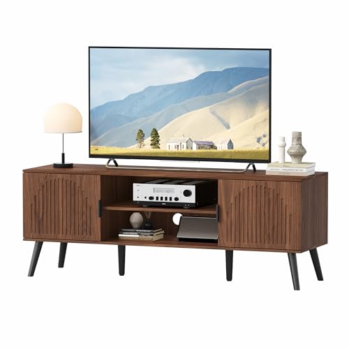 ChooChoo TV Stand for 55/60 Inch TV, Mid Century Modern TV Stand, Entertainment Center with Storage Cabinet and Open Shelves, TV Console Table Media Cabinet for Living Room, and Bedroom, Walnut