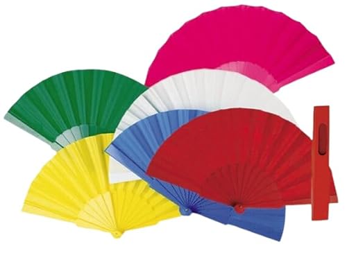 LOTE 55 ABANICOS DE PVC Y TELA + 7 COLORES SURTIDOS + CAJA blanca INDIVIDUAL - Abanicos para eventos, REGALOS+INVITADOS+BODA, comunión o bautizo.(55)