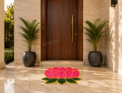 Image of Divyakosh Lotus Floor Mat 2 ft x 2 ft Artificial Grass Decorative Entrance Mat, Pink Lotus Rangoli for Home Entrance Temple Pooja Room Diwali Decoration Reusable Festival Decor