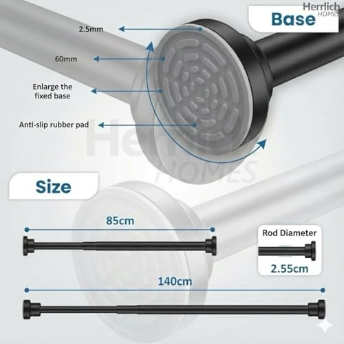 Image of Herrlich Homes (105 to 170 cm Extendable Shower Curtain Tension Rod | Non-Drilling Anti-Skid Spring Pull Rod | Adjustable Size | with Rubber Pads | Stainless Steel, Silver | Black | Large