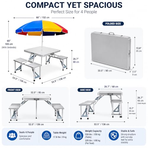 Image of Picnic Table Heavy Duty Aluminium Portable Folding Camp Suitcase Picnic Table and 4 Chairs Set with Umbrella (T1)