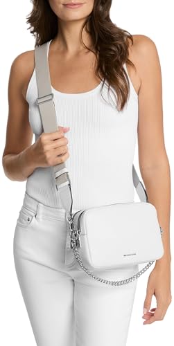 Image of Michael Kors Bryant Medium Double Zip Chain Camera Crossbody Bag, Antique Gold-Tone Hardware /MK Debossed Burnished Logo Leather /Chocolate