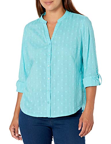 Erika Women's Carleigh Roll Tab Sleeve Button Down Shirt, Sea Mist, Medium Petite