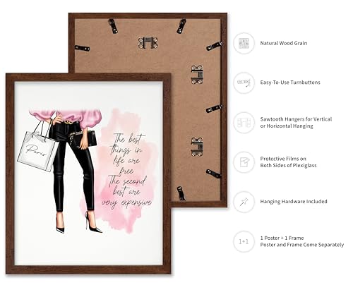 Image of Poster Master The Best Thing In Life Are Free Poster - Fashion Print - Trendy Art - Modern Art - Gift for Women & Fashionista - Funny Glamour Decor for Bedroom or Girl's Room, 8x10 Brown Framed