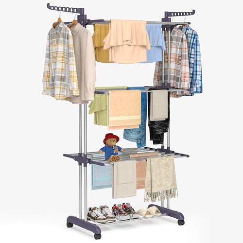Bigzzia Clothes Drying Rack Folding Drying Rack Clothing 4 Tier Clothes Horses Rack Stainless Steel Laundry Drying Rack with Two Side Wings Grey