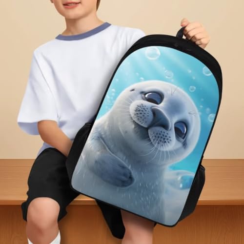 White Seal Print Kids Backpack for Girls 8-12Fashion Girl Print Backpack Multi-pockets Portable Rucksack 17 Inch Waterproof Daypack for Middle Students4