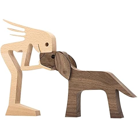 OWSEN Family Puppy Wooden Carving Ornaments,Pet Lover Gifts Wood Sculpture,Small Living Room Decor Women and Dog Statue Wood Decorations for Home (Women and Dog) Cover