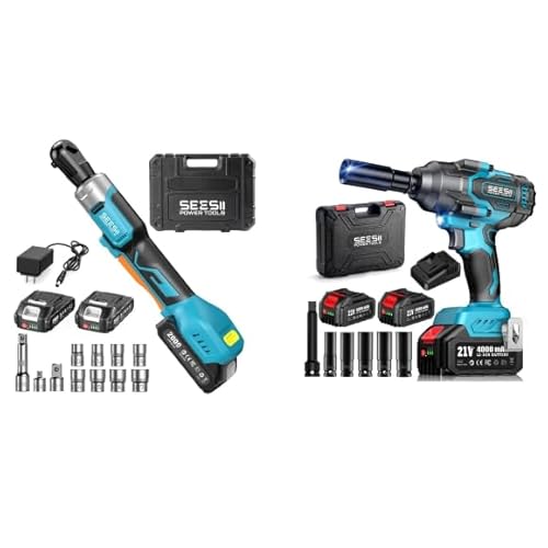 Seesii Cordless Impact Wrench 1000Nm with Cordless Ratchet Wrench 60Nm Combo Set