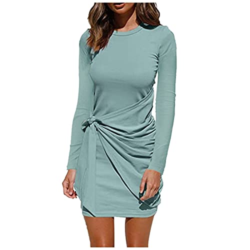 LLDYYDS Fall Dresses for Women Casual Summer Dresses That Hide Belly Fat Plus Size Sexy Women s Long Lantern Sleeve Knit Slim Ruched Tie Waist Sweater Dress Blue Medium