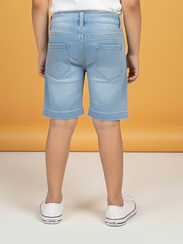 Image of KiddoPanti Boys Knee-Length Denim Shorts | Stretchable Cotton Poly Denim | Comfortable Fit with Button Elasticated Waistband & Zip Fly
