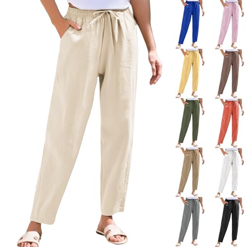 Linen Pants Women Straight Leg Breathable Trousers Casual Drawstring Loose Fit Summer Comfortable Beach Clothing