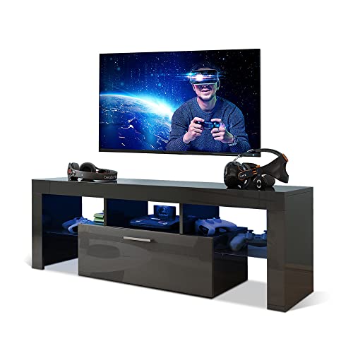 SANYOAC Modern LED TV Stand for 32/50/55 Inch TV, Entertainment Center with Led Lights, High Gloss Television Stands for Video Gaming, TV Console with Storage and Shelves for Living Room Bedroom Black SANYOAC Modern LED TV Stand for 32/50/55 Inch TV, Entertainment Center with Led Lights, High Gloss Television Stands for Video Gaming, TV Console with Storage and Shelves for Living Room Bedroom Black