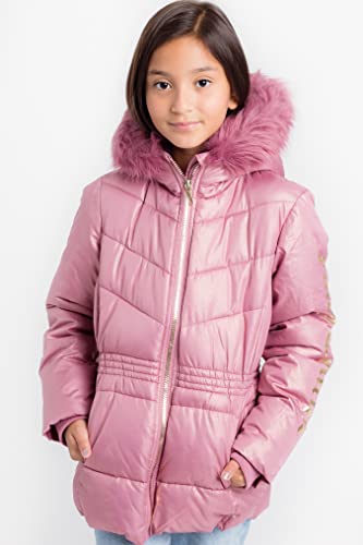 Juicy Couture Girls Puffer Jacket, Cinched Waist Glitter Bubble Kids Coat With Fur Hoodie, Mauve, Small #TOP5