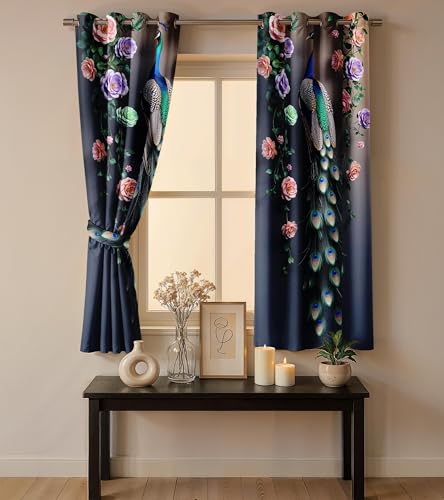 Image of Ultimate Trends Room Darkening Digital Printed Peacock Prints Curtain 65-70% Opacity,Diamond Eyelets, Tie Back, 9 FEET Pack of 1,Brown Gray